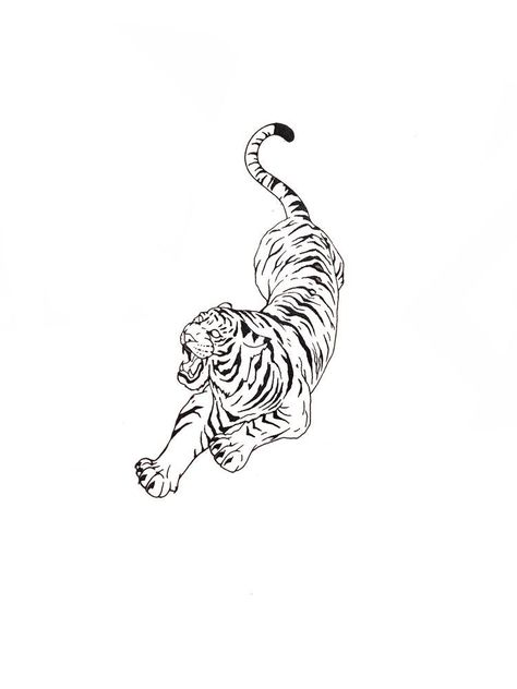 Line Work Tiger Tattoo, Tiger Outline Tattoo, Fine Line Tiger Tattoo, Tiger Leaping, Upper Thigh Tattoos, Cool Ear Tattoos, Red Dragon Tattoo, Bird Tattoo Wrist, Black And White Tattoo