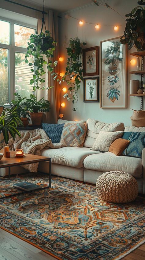 Natural Boho Interior, House Decor Plants Bohemian, Rugs Mix And Match, Maximalist Decor Small Spaces Living Room, Navy And Terracotta Living Rooms, Natural Boho Living Room, Nature Home Aesthetic, Bohemian Modern Living Room, Aesthetic Plant Room