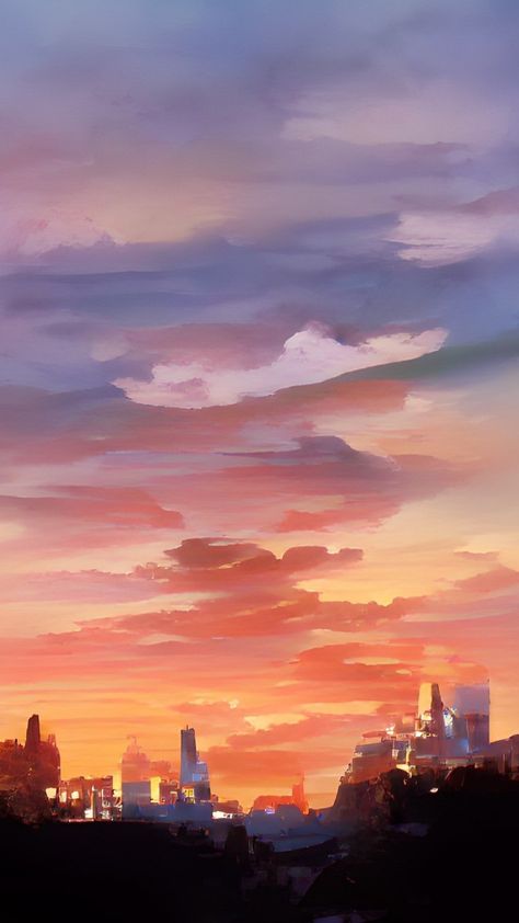 Sunset up a city wallpaper Anime Sunrise Aesthetic, Sunset Lighting Reference Drawing, Sunset City Illustration, Sunset Concept Art, Angel Wings Hd Wallpaper, Sunset Phone Wallpaper, City Backgrounds, Anime Sunset, Sunrise City