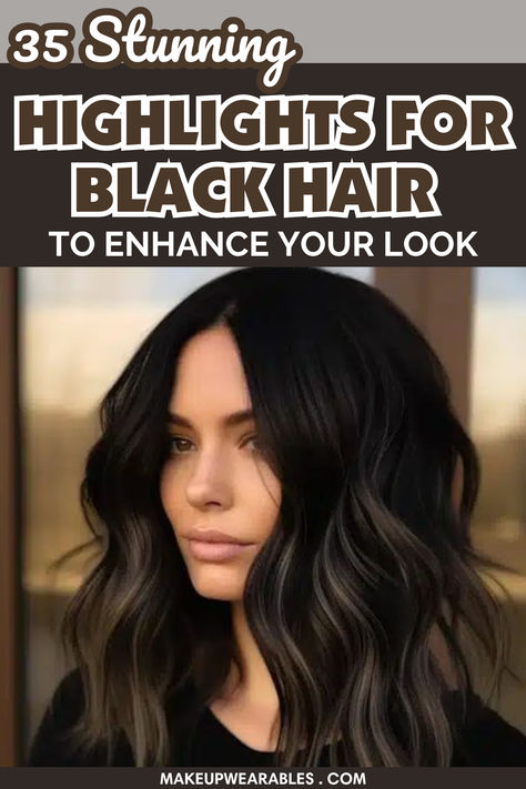 Highlights For Black Hair Mushroom Brown Hair On Black Hair, Black Color Melt Hair, Very Dark Balayage, Hair Coloring For Black Hair, Dark Light Highlights, Black Color Hair With Highlights, Black Hair Balayage Shoulder Length, Black Tinted Hair, Black Hair With Golden Brown Highlights