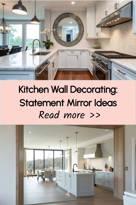 Modern kitchen with a large statement mirror. Mirrors In Kitchen Ideas, Mirror In Kitchen, Kitchen Mirror Wall Decor, Kitchen Wall Decorating Ideas, Vintage Bedroom Styles, Vintage Copper Pots, Modern Floating Shelves, Wall Decorating Ideas, Statement Mirror