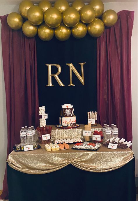 Nurse Graduation Table Decorations, Nursing Party Backdrop, Nurse Graduation Party Backdrop, Nursing Grad Centerpieces, Nurse Graduation Party Decorations Diy, Nursing Dessert Table, Nurse Dinner Ideas, Nursing Desert Table, Nurse Graduation Backdrop