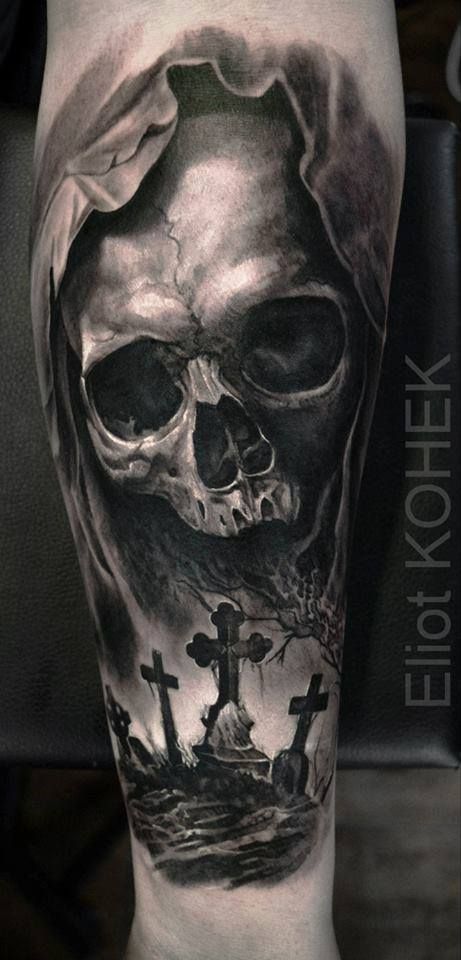 61+ Best Tattoo Ideas and Designs For Men For 2021 Decaying Skull Tattoo, Graveyard Tattoo, Evil Skull Tattoo, Grim Reaper Tattoo, Reaper Tattoo, Skull Sleeve Tattoos, Skull Sleeve, Evil Tattoos, Polynesian Tattoos