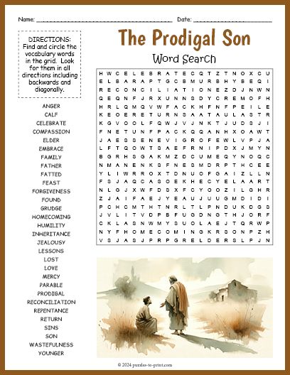 Free Printable The Prodigal Son Word Search The Prodigal Son Activities, Prodigal Son Activity, Bible Activity Sheets, Parable Of The Prodigal Son, 5th Grade Worksheets, Bible Word Searches, Free Printable Word Searches, Puzzle Worksheet, The Prodigal Son