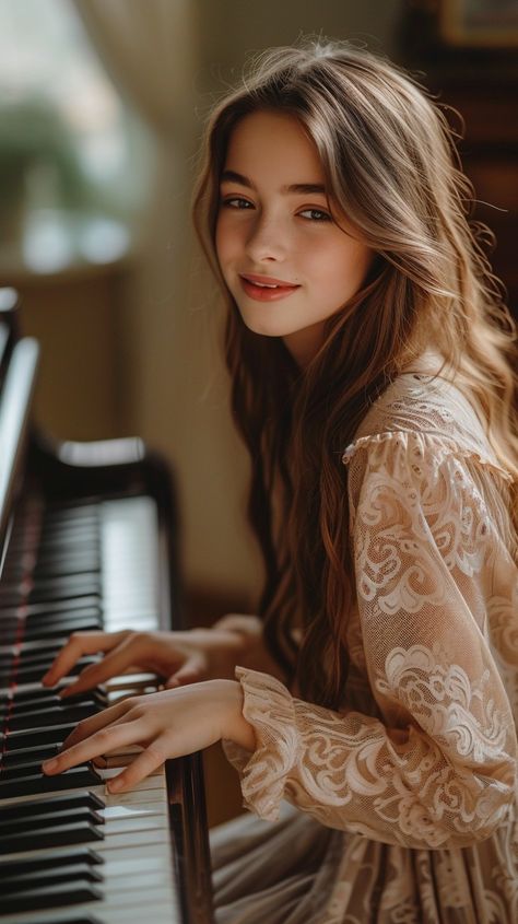 Pianist Enchanting Melody: A young musician with a captivating smile plays a beautiful melody on a grand piano. #pianist #music #elegance #grace #young #female #smile #piano #aiart #aiphoto #stockcake https://ayr.app/l/j9X7 Pianist Photoshoot Ideas, Piano Pictures Photography, Grand Piano Photoshoot, Senior Picture Ideas Piano, Senior Pictures With Piano, Piano Photoshoot Ideas, Pianist Portrait, Pianist Girl, Road Photoshoot