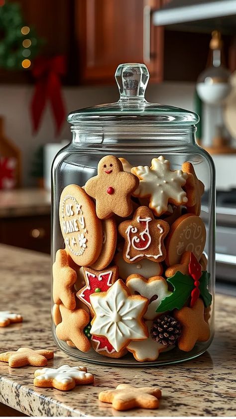 Jar filled with assorted festive cookies, including gingerbread men and snowflakes, on a kitchen counter. Glass Cookie Jars Display, Cookie Jar Ideas Decoration, Cookie Jars Display, Christmas Kitchen Decor Ideas, Fun Diy Projects, Jar Display, Glass Cookie Jars, Christmas Cookie Jars, Christmas 2025