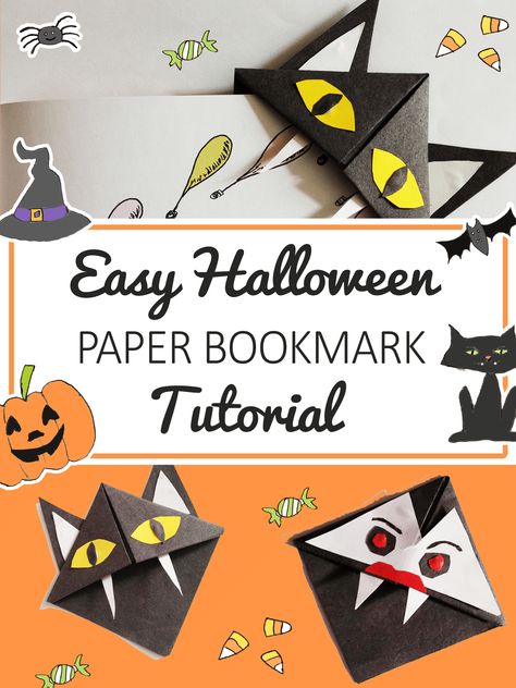 Create Your Own Bookmark, Bookmark Halloween, Origami Halloween, Halloween Bookmarks, Bookmark Tutorial, Halloween Origami, Classroom Halloween Party, Library Crafts, Halloween Paper Crafts