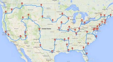 This 13,699-mile journey makes stops at 50 U.S. landmarks — but you'll need some serious time off to complete it. Road Trip Map, Usa Roadtrip, Cross Country Road Trip, Road Trip Routes, Perfect Road Trip, Us Road Trip, Van Living, American Road Trip, Camper Life