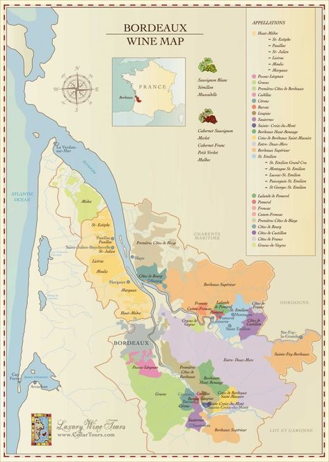 Bordeaux Wine Region Map Bordeaux Wine Map, Wine Region Map, French Wine Labels, Wine Facts, Make Your Own Wine, Wine Map, Regions Of France, Bordeaux Wine, St Emilion