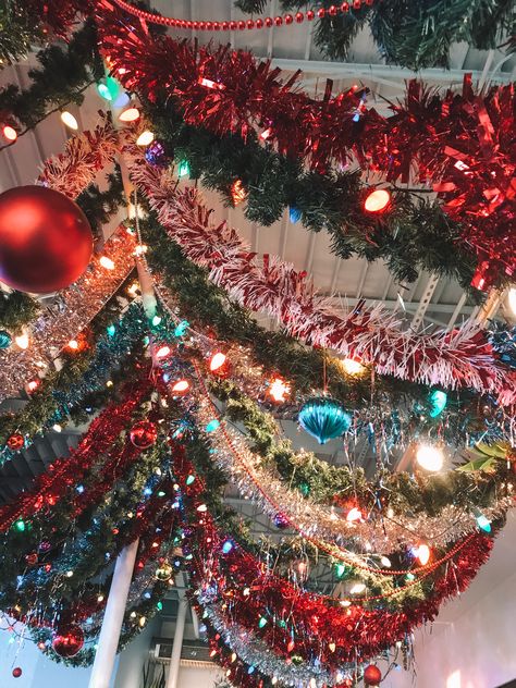 christmas decorations, festive, holidays, tinsel Tinsel Hanging From Ceiling, Christmas Decor Ideas Tinsel, Tinsel Wall Decor, Diy Tinsel Garland, Christmas Tinsel Decoration, Tinsel Town Christmas Decor, Tinsel Garland Decor, Tinsel Christmas Decorations, Christmas Tinsel Ideas