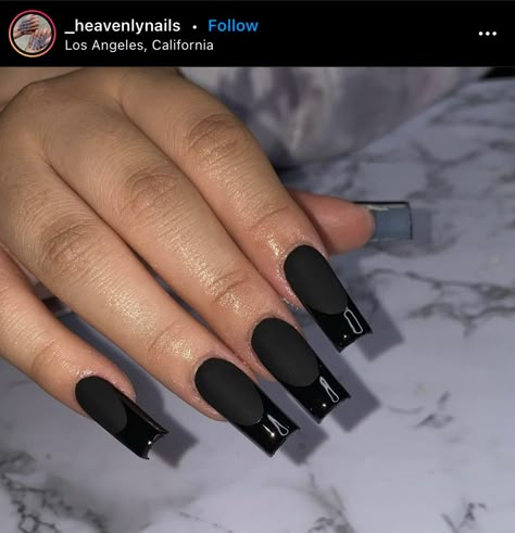 Matt Black Nails With Gloss Tip, Black On Black Nails French, Full Black Nails Acrylic, Simple Long Square Acrylic Nails, Long Black Acrylic Nail Ideas, Long Acrylic Nails Dark, Black Nails Acrylic Squares, Medium Square Acrylic Nails Black, Black And Grey French Tip Nails