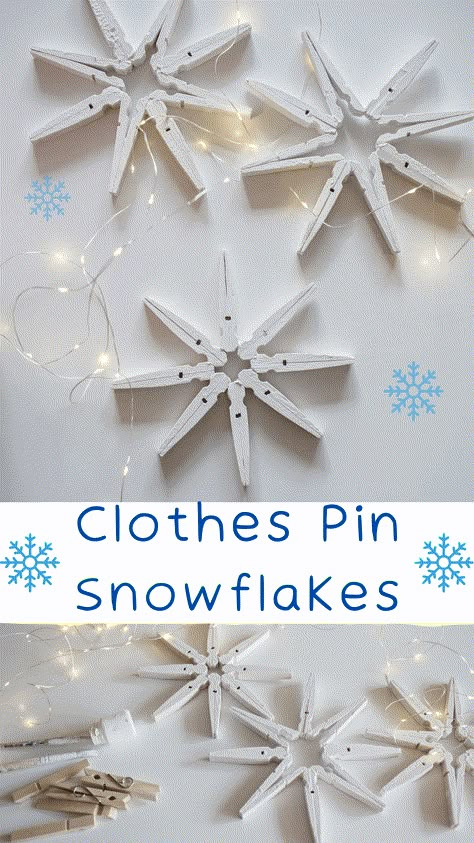 How To Make Clothespin Snowflakes, Wooden Peg Snowflakes, Wooden Clothes Peg Craft Ideas, Wooden Clothespin Snowflakes, Wooden Pegs Craft Ideas, Cloth Peg Craft, Peg Christmas Decorations, How To Make Christmas Snowflakes, Peg Snowflakes