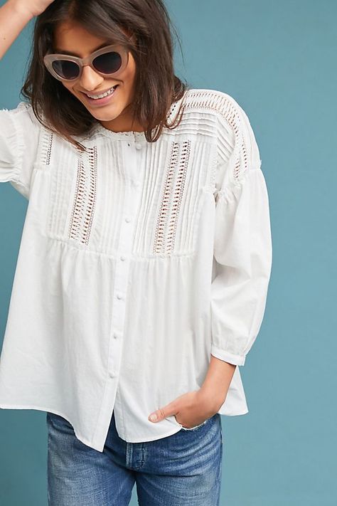 Outfit Inspiration Women, Lace Tunic Tops, Fashion Tops Blouse, Lace Tunic, Shirt Embroidery, White Button Down, Anthropologie Top, Fashion Line, Petite Outfits