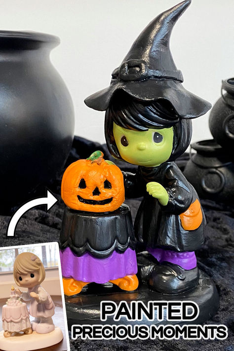 Halloween Precious Moments Precious Moments Repurposed, Precious Moments Halloween, Altered Moments Ideas, Painted Precious Moments, Precious Moments Repaint, Altered Precious Moments, Repainted Figurines, Altered Figurines, Altered Ceramics