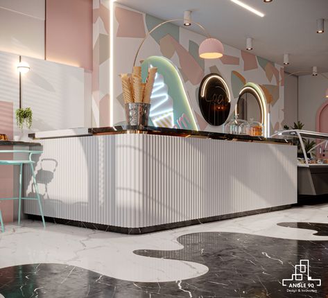 Caffe & ice cream shop on Behance Ice Cream Shop Interior, Ice Cream Parlor Interior Design, Ice Cream Shop Floor Plan, Ice Cream Parlor Interior, Ice Cream Interior, Ice Cream Cafe Interior Design, Modern Ice Cream Shop Interior Design, Small Ice Cream Shop Design, Ice Cream Parlour Interior