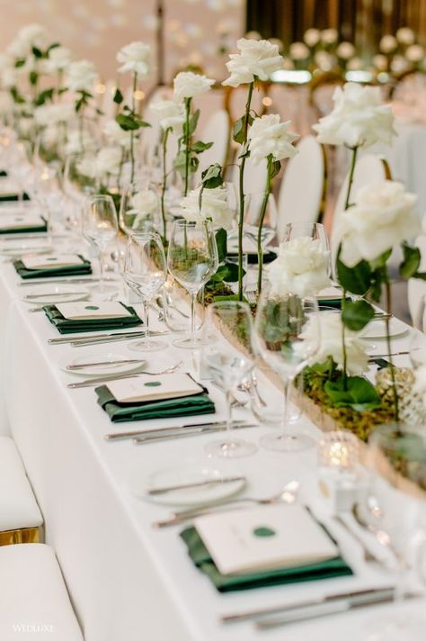 White, Green, and Gold All Over ~ WedLuxe Magazine Emerald Green Wedding Decorations Simple, Rectangle Tablescape Wedding, Green Event Decor, Wedding Colors 2025, Emerald Wedding Decor, Bridesmaid Dresses White, Emerald Green Wedding Theme, Green Wedding Rings, Bridal Era