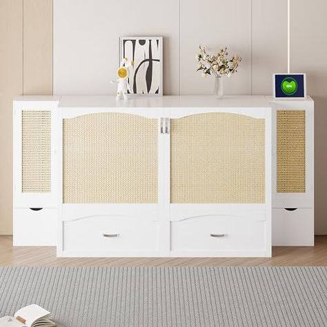 Rattan Decoration, Rattan Accents, Queen Size Murphy Bed, Murphy Bed Wall, Bed With Drawer, Murphy Wall Beds, Sleek Cabinet, Queen Murphy Bed, Space Saving Beds