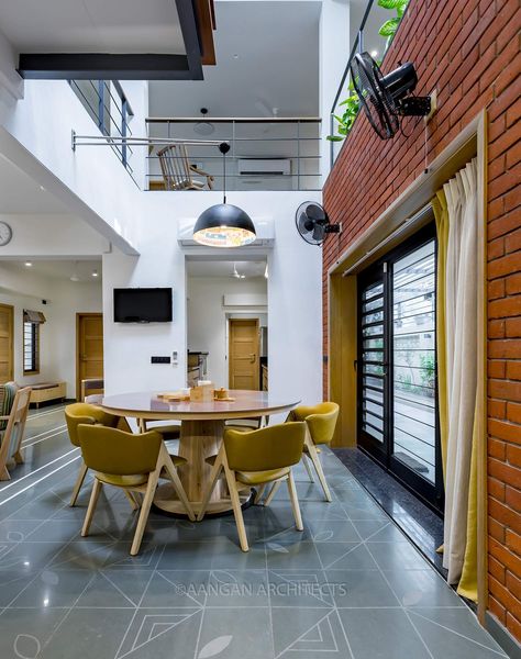 Double Height Dining Area, Kota Flooring, Aangan Architects, Double Height Living Room, Architecture Styles, Floor Pattern, Dinning Room Design, House Design Pictures, Double Height