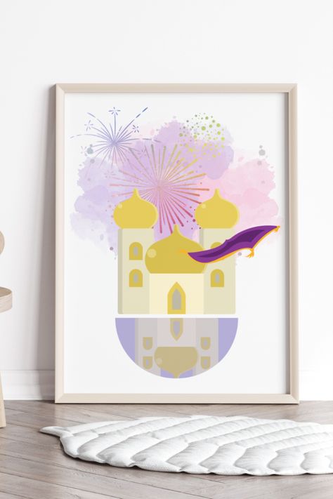 Looking for that perfect print for your nursery or child's room? Does your child love Aladdin or Jasmine? Check out this art print, available for instant download at MaddiesDreamland (see link). Perfect for girls room decor or nursery decor. #Aladdinart #PrincessJasmine #PrincessJasmineart #girlsroomdecor #nurserydecor Aladdin Palace, Jasmine Magic Carpet, Princess Jasmine Art, Wall Art For Girls Room, Nursery Princess, Art For Girls Room, Aladdin Art, Girl Room Art, Castle Art