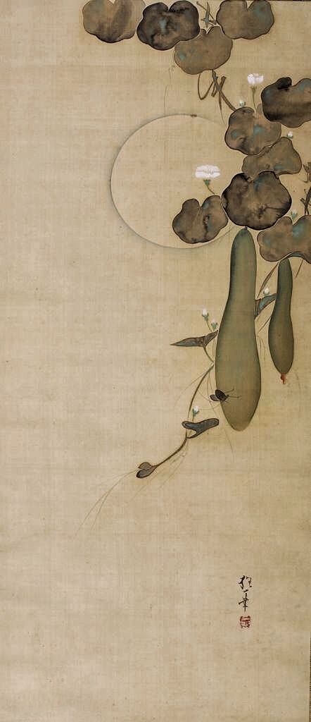 Moon, Gourds and Insects. Attributed to Sakai Hoitsu. 酒井抱一. Rinpa School Japanese hanging scroll. Early nineteenth century. Sakai Hoitsu, School Japanese, Harvard Art Museum, S A, Zen Style, Art Museums, Japan Culture, Japanese Painting, Zen Art