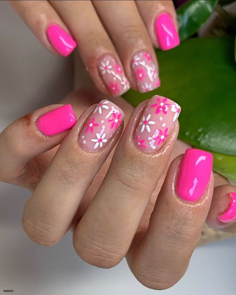 Short Pink Summer Nails 2023, Nail Art Hot Pink Designs, Bright Neon Pink Nails, Barbie Manicure Short Nails, Neon Pink Nails With Flowers, Short Gel Nail Designs Summer Hot Pink, Hot Pink Nails With Flower Design, Neon Flower Nail Designs, Hot Pink Nail Designs Short