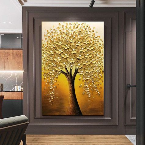 Tree Painting Canvas, Office Meeting Room, Painting 3d, Golden Tree, Buddha Painting, Office Meeting, Abstract Wall Decor, Christmas Poster, Oil Painting Flowers