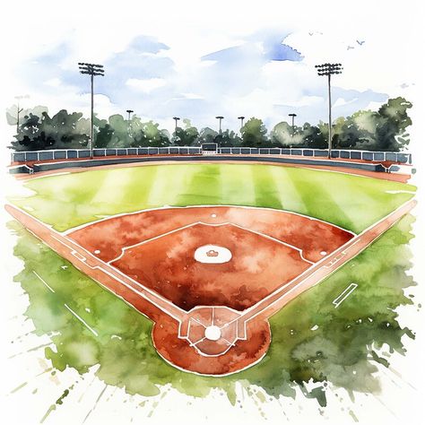 Watercolor Baseball Art, Baseball Field Drawing, Sports Painting Ideas, Baseball Painting Ideas, Baseball Mural, Sports Watercolor, Baseball Images, Baseball Themed Bedroom, Baseball Painting