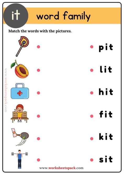 Free It Word Family Matching Worksheets for Kids - Printable and Online Worksheets Pack Cvc It Word Family, Word Family It Worksheets, It Words Worksheets, It Word Family Worksheet, E Family Words Worksheets, Two Letters Words Worksheets, It Family Words Worksheets, It Family Words, Family Words Worksheets For Kids