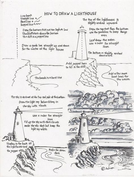 Draw A Lighthouse, Art Worksheets, Basic Drawing, Park Art, Landscape Drawings, Art Instructions, Drawing Lessons, Drawing Tutorials, Art Tutorial