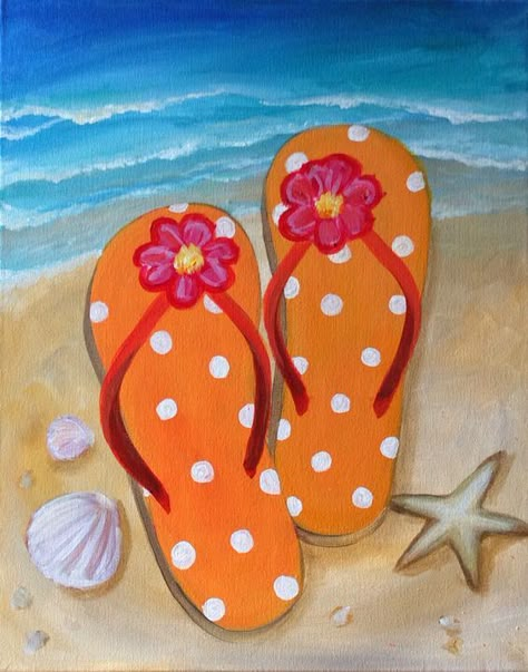 Flip Flop Art, Theme Painting, Art Plage, Nice Beach, Bd Art, Wine And Canvas, Paintings Canvas, Paint Nite, Painting Party