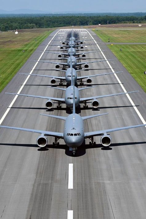 Air Force KC-46 aircraft participate in an elephant walk at Pease Air National Guard Base, N.H., Sept. 8, 2021. U.S. Air Force photo by Staff Sgt. Victoria Nelson Aviation Education, Air National Guard, Elephant Walk, Airplane Fighter, Arms Race, Staff Sergeant, Air Force Base, Air Force Bases, U S Air Force