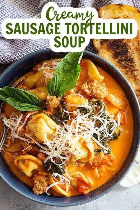 This Creamy Sausage and Tortellini Soup is the perfect comforting weeknight meal! It’s made in less than 30 minutes, full of flavor, and makes great leftovers! #30minutemeal #soup Creamy Tortellini Soup, Modern Recipes, Sausage Tortellini Soup, Sausage Tortellini, Healthy Recipes Clean, Nice Recipes, Diner Recipes, Sausage Soup, Modern Food