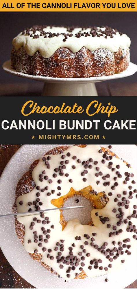 Cannoli Frosting, Bundt Cake Recipes Chocolate, Chocolate Chip Cannoli, Easy Bundt Cake Recipes, Chocolate Chip Bundt Cake, Easy Bundt Cake, Chocolate Recipes Easy, Simple Cake, Chocolate Chip Recipes