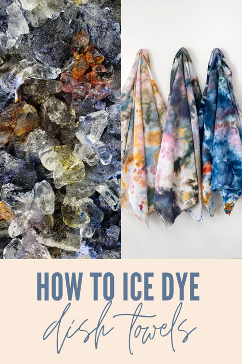 Looking for a fun summer craft? Try dyeing dish towels using the ice dye method! Similar to tie dye but using powder fabric dye and ice. You create a marbled look that is so unique. Learn how to ice dye this summer! Tie Dye Tea Towels, Bleached Clothing, Shirt Craft, Tea Towels Diy, Fabric Dyeing Techniques, Powder Dye, Fun Summer Crafts, Diy Dye, Ice Tie Dye