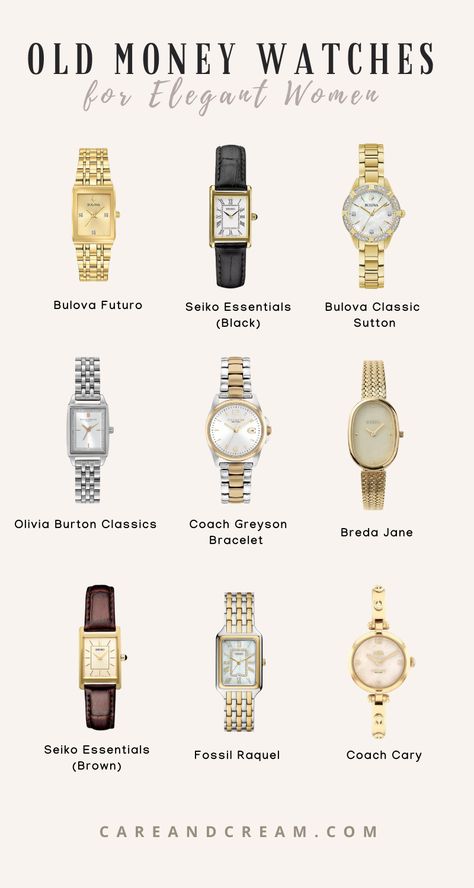 Hand Watches Women, Watches Outfit Woman, Watch For Women Aesthetic, Aesthetic Women Watch, Old Money Aesthetic Watch, Vintage Watch For Women, Best Women Watches, Old Money Jewelry Aesthetic Women, Fashion Accessories Aesthetic