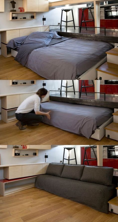 Clever And Space-Saving Beds Which You Can Slide Away and Hide Beds For Small Rooms, Space Saving Beds, Micro Apartment, Hidden Bed, Trendy Apartment, Tiny Apartment, Creative Furniture, Tiny House Living, Space Saving Furniture