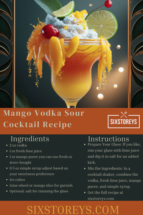 Mango Vodka Sour Cocktail Recipe Mango Vodka Cocktail, Mango Vodka, Vodka Sour, Mango Cocktail, Vodka Cocktail, Tiki Drinks, Sour Cocktail, Mango Puree, Tropical Twist