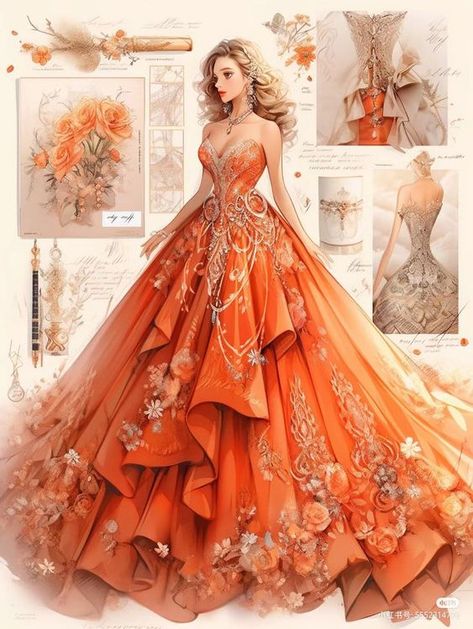 Orange Princess Dress, Bookshelf With Doors, Orange Gown, Dreamy Gowns, Pretty Quinceanera Dresses, High Fashion Dresses, Fashion Sketches Dresses, Fantasy Dresses, Fashion Drawing Dresses