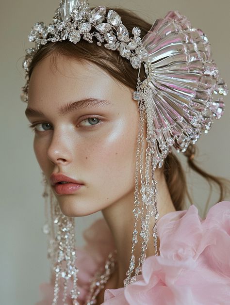 🌟✨ Dive into elegance with our stunning Krynolin style headpiece! This breathtaking accessory features layers of clear crystal chains, sparkling beautifully against a pale pink facecloth hairpin that captures the essence of seashells dancing in the waves. 🌊💖 Perfect for fashion shows or special occasions, this vintage-inspired piece highlights your features with soft and piercing glimmers. Add ... Pink Ruffled Dress, Femininity Style, Soft Natural Makeup, Portrait Aesthetic, Crystal Seashells, Teenager Makeup, Illustration Fantasy, Crystal Headpiece, Princess Luna