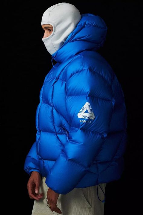 Blue Balaclava, Palace Clothing, Puffer Jacket Outfit Men, Puffer Outfit, Michelin Man, Puffer Jacket Outfit, Arctic Parka, Puffer Jacket Men, Palace Skateboards