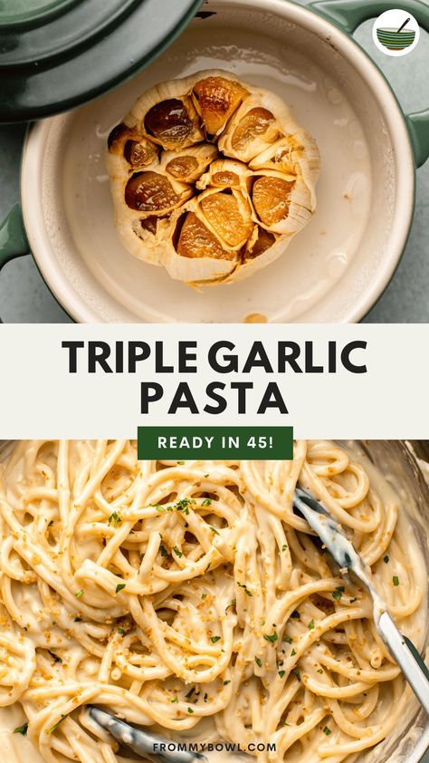 This Triple Garlic Pasta is a garlic lover’s dream. With roasted and fresh garlic in the pasta sauce and served with garlic-infused breadcrumbs on top, this dish is rich, creamy, and delicious. Vegan, Gluten-Free Option. Gluten Free Vegan Pasta, Vegan Pesto Sauce, Garlic Pasta Recipe, Fresh Pasta Sauce, Garlic Pasta Sauce, Vegan Pasta Dish, Comfort Pasta, Gluten Free Bread Crumbs, Meat Pasta