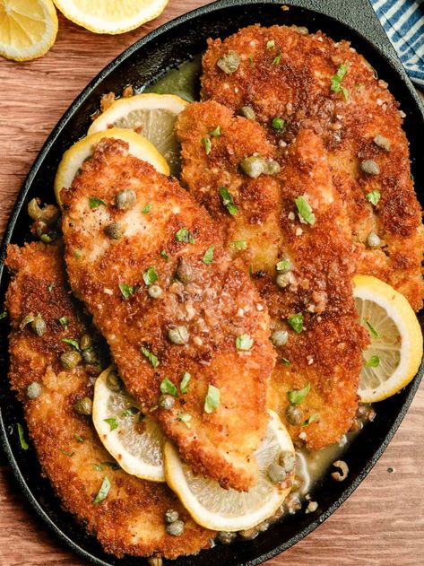 Breaded Chicken Piccata, Chicken Piccatta, Lemon Butter Caper Sauce, Panko Breaded Chicken, Panko Crusted Chicken, Piccata Recipe, Caper Sauce, Chicken Slices, Chicken Piccata