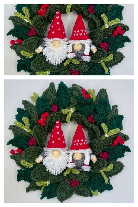 Christmas Gnome Gonk Wreath Knitting Pattern Christmas Wreaths Knitting Patterns, Knitted Xmas Wreaths, Knitted Christmas Wreaths, Xmas Knitting Ideas, Crochet Christmas Wreath Pattern, Gonk Wreath, Crochet Christmas Wreaths, Knit Ornaments, Knitted Wreath