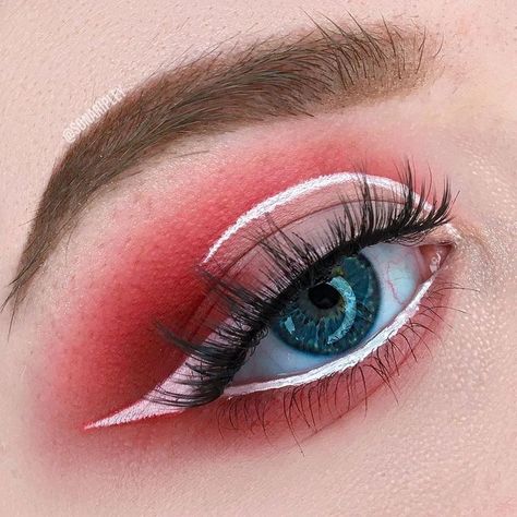 #eyemakeup Red And White Eye Makeup, Red White Makeup, White Eye Makeup, Red Makeup Looks, Gore Makeup, Funky Makeup, Classy Makeup, Ulzzang Makeup, White Makeup