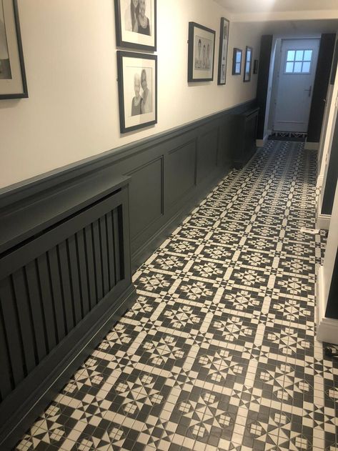 NH Interiors - #1 Wainscoting & Wall Panelling Installation Service in Dublin Panelling Hallway Radiator Cover, Hallway Panelling With Radiator Cover, Dark Grey Hallway, Georgian House Interior, Hallway Panelling Ideas, Hall Shoe Storage, Diy Panelling, Radiator Cover Ideas, Long Narrow Hallway