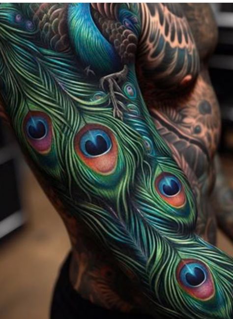 Realistic Peacock Tattoo, Peacock Tattoo Men, Peacock Tattoo Sleeve, Peacock Tattoo Designs, Lion Tattoo Sleeves, Peacock Feather Tattoo, Peacock Tattoo, Full Back Tattoos, Tattoo Sleeves