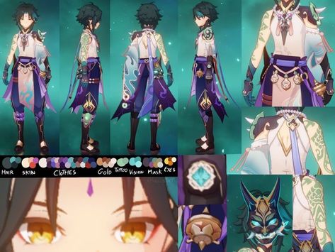 credit to artists Xingqiu References, Xiao Color Palette Genshin, Xiao Reference, Genshin Impact Character Design, Genshin References, Genshin Character Design, Genshin Impact Reference, Genshin Reference, Childe Zhongli