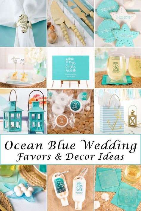 Ocean Blue Wedding Theme, Sea Blue Wedding, Ocean Wedding Ideas, Destination Wedding Decor Ideas, Ocean Blue Wedding, Beaded Sheath Wedding Dress, Beach Theme Wedding Favors, Ocean Wedding Theme, Summer Wedding Theme