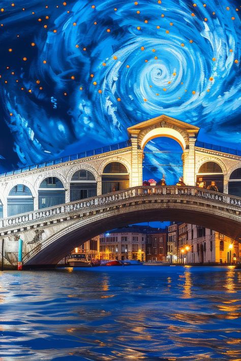 Van Gogh Night, Venice At Night, 4k Hd Wallpaper, Rialto Bridge, Oil Painting Texture, Starry Night Van Gogh, Night Scene, 4k Hd, Vincent Van Gogh