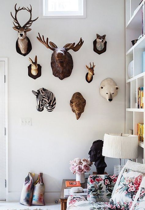 Animal Heads On Wall, Animal Head Decor, Faux Animal Head, Animal Head Wall, Cool Kids Bedrooms, Patterned Chair, Bohemian House, Animal Head, Large Pillows